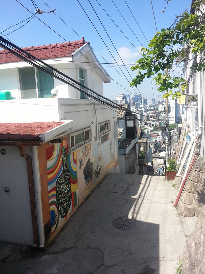 Street art on one of the alleyways near Seoul City Wall. All of the artwork done along the wall was made with organic material 